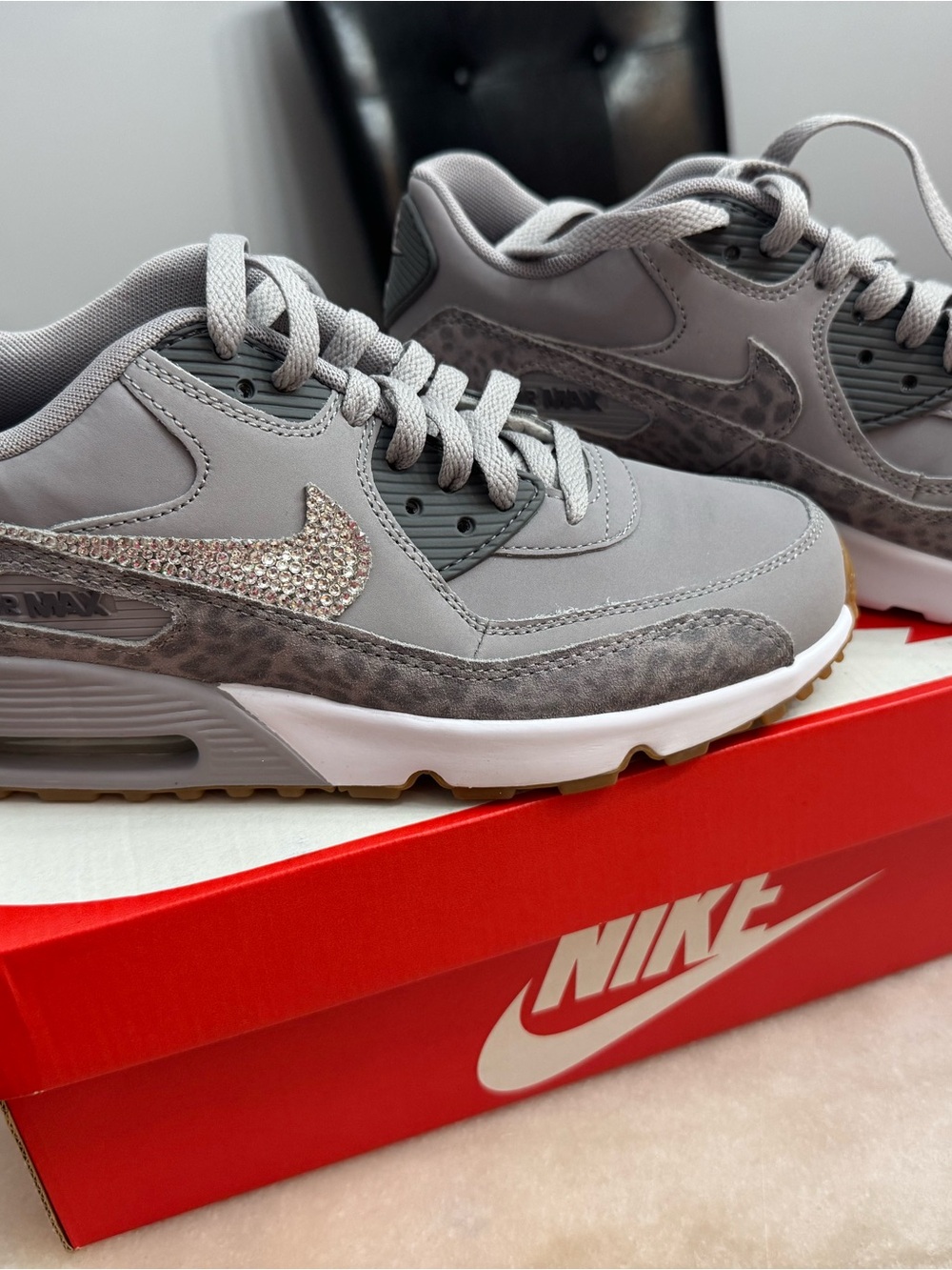 Nike Women’s Air Max Light Gray Sneakers with Rhinestone Swoosh